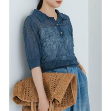 new basic　リネン混ワッシャーシャツカラーニット