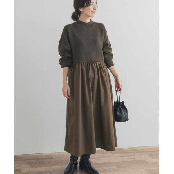 【エースアンドレア】美品♡ニットワンピース モックネック ロゴ 168S カーキ エースアンドレア】美品♡ニットワンピース モックネック ロゴ 168S