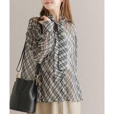 チェックボウタイボリュームブラウス