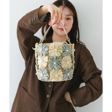 フラワーモチーフ雑材バケツバッグ