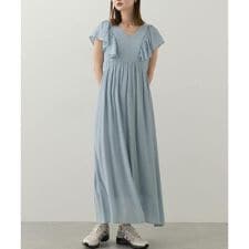 Vネックウエストマークフリルワンピース