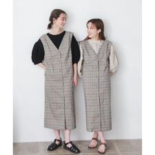 『One-C/低身長向けサイズ展開あり』チェックフロントボタンジャンパース