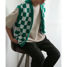 ブロックチェックカーディガンニットベスト