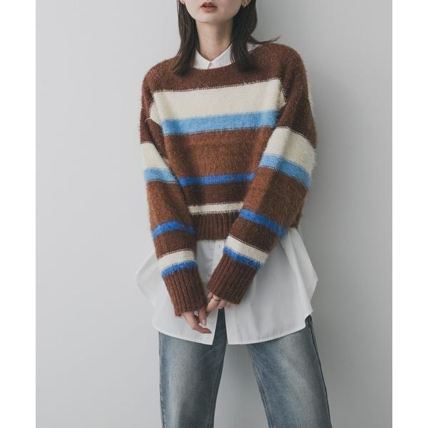 『洗濯可』シャギーハイショクボーダーニット