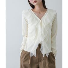 『洗濯可』チュールフリルニットカーディガン