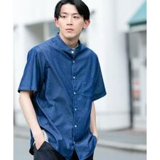 TCインディゴ バンドカラー半袖シャツ