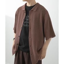 透かし編みニットレギュラーカラーシャツ