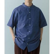 TCインディゴ バンドカラー半袖シャツ