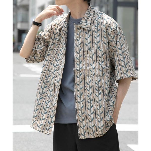リーフプリントオープンカラー半袖シャツ