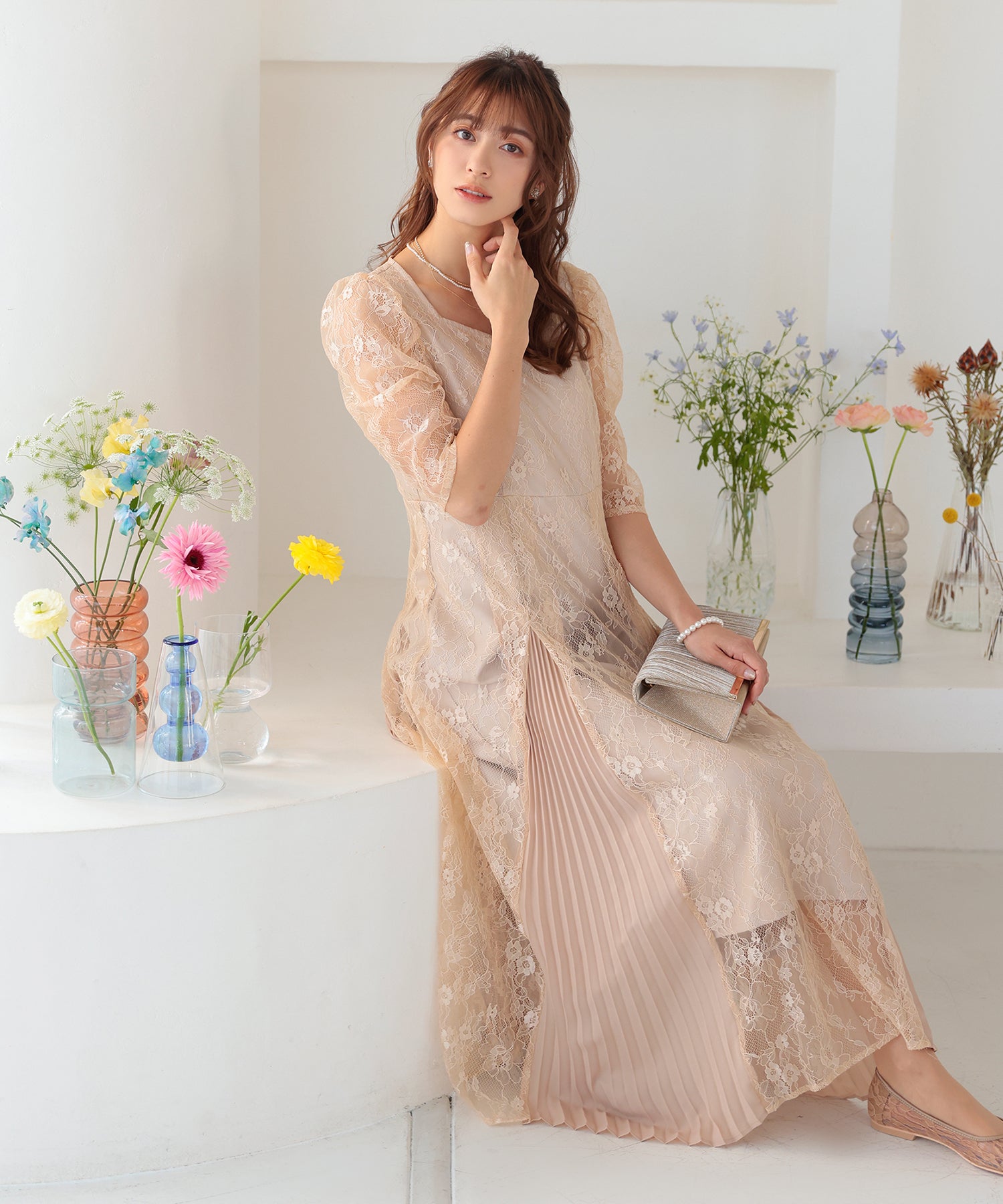 Luxe brille デコルテシアー総レースL/Gワンピースドレス《WEB