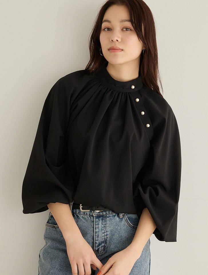 ブラウス シャツ パールネックギャザーブラウス レディース mw00214.jpg
