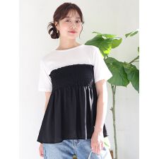 異素材シャーリングドッキングTシャツ