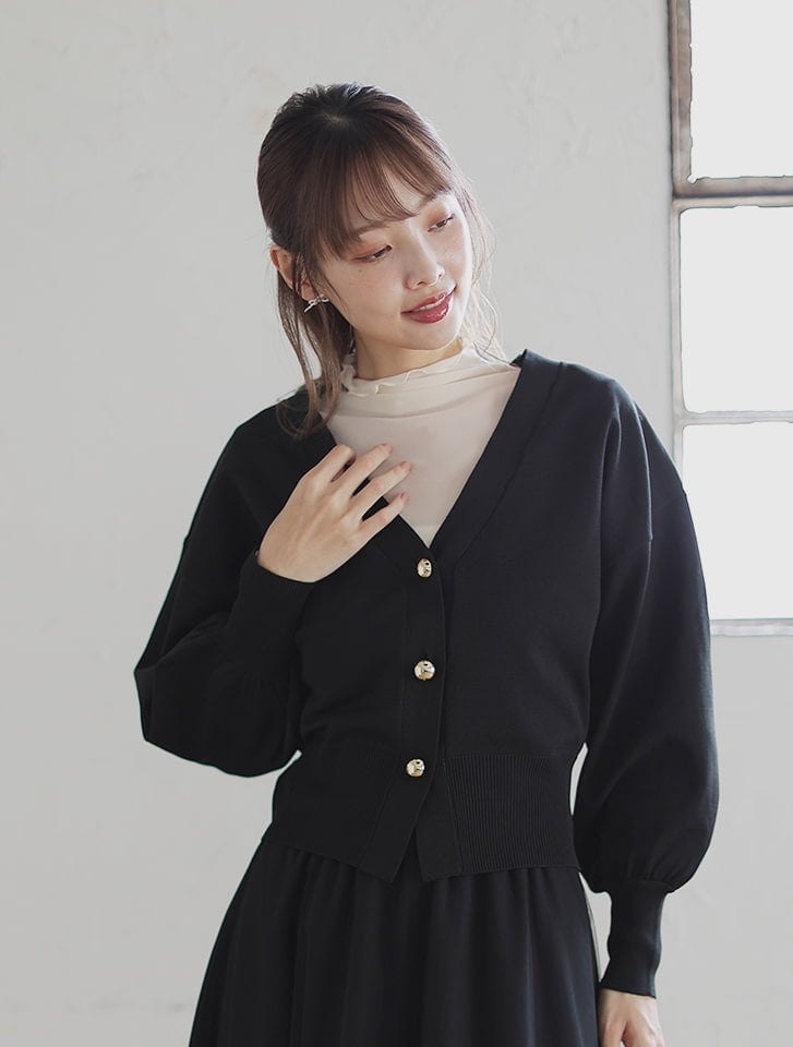 カーディガン アップリケデザイン金釦Vネックニットカーディガン