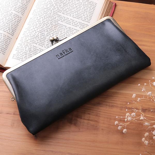 【nafka 】【黒】 本革 軽量約230g【がま口長財布】日本製 nafka 長財布 レディース 本革 大容量 財布 がま口財布 小銭入れ