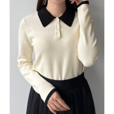 mipiarl 　ラメ襟配色ポロニット