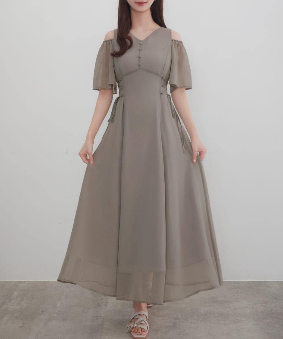 CENEAシアー半袖リブカーディガン＋フレアキャミワンピースグレイッシュベージュ セネア CENEA CENEA シアー半袖リブカーディガン＋リネンフレア