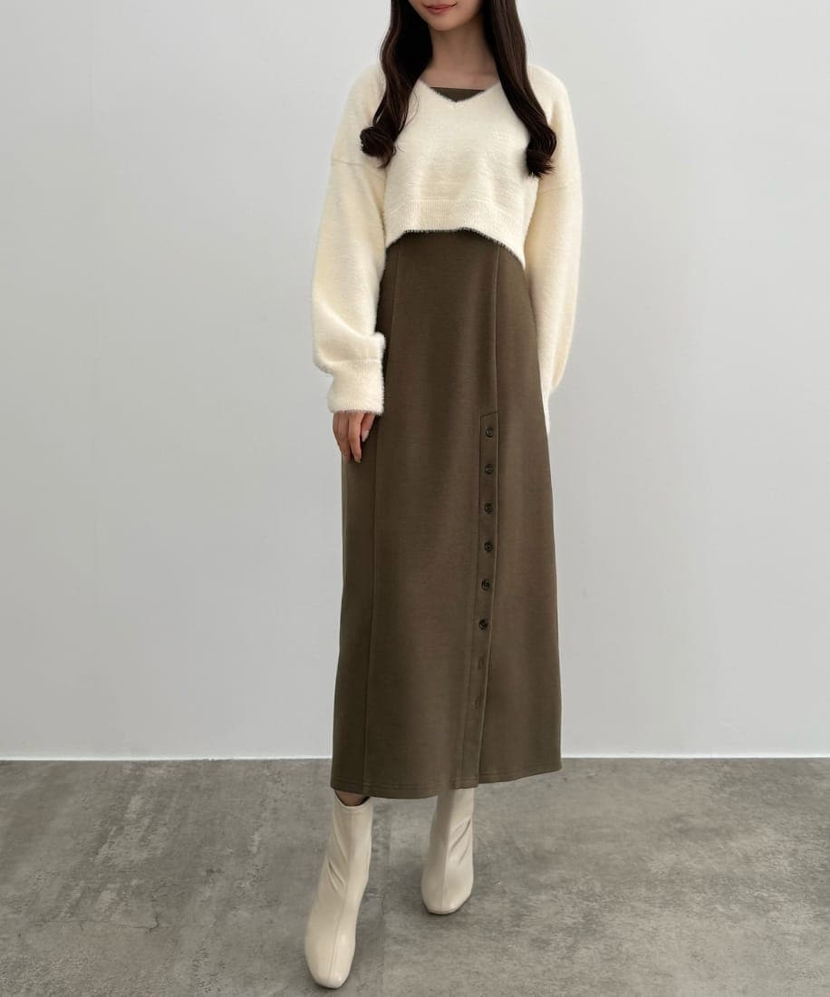 CENEA フロントギャザーシャギーニット＋ミニキャミワンピース