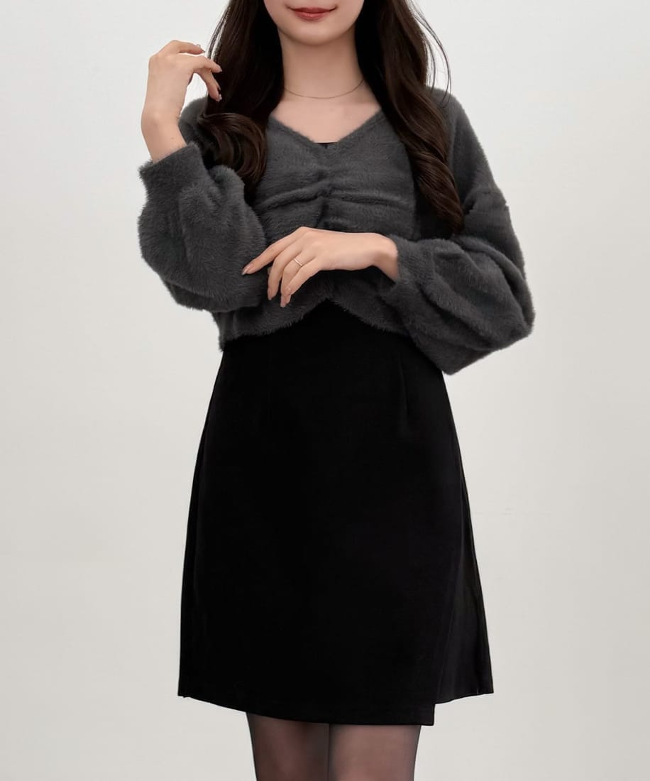 CENEA フロントギャザーシャギーニット＋ミニキャミワンピース