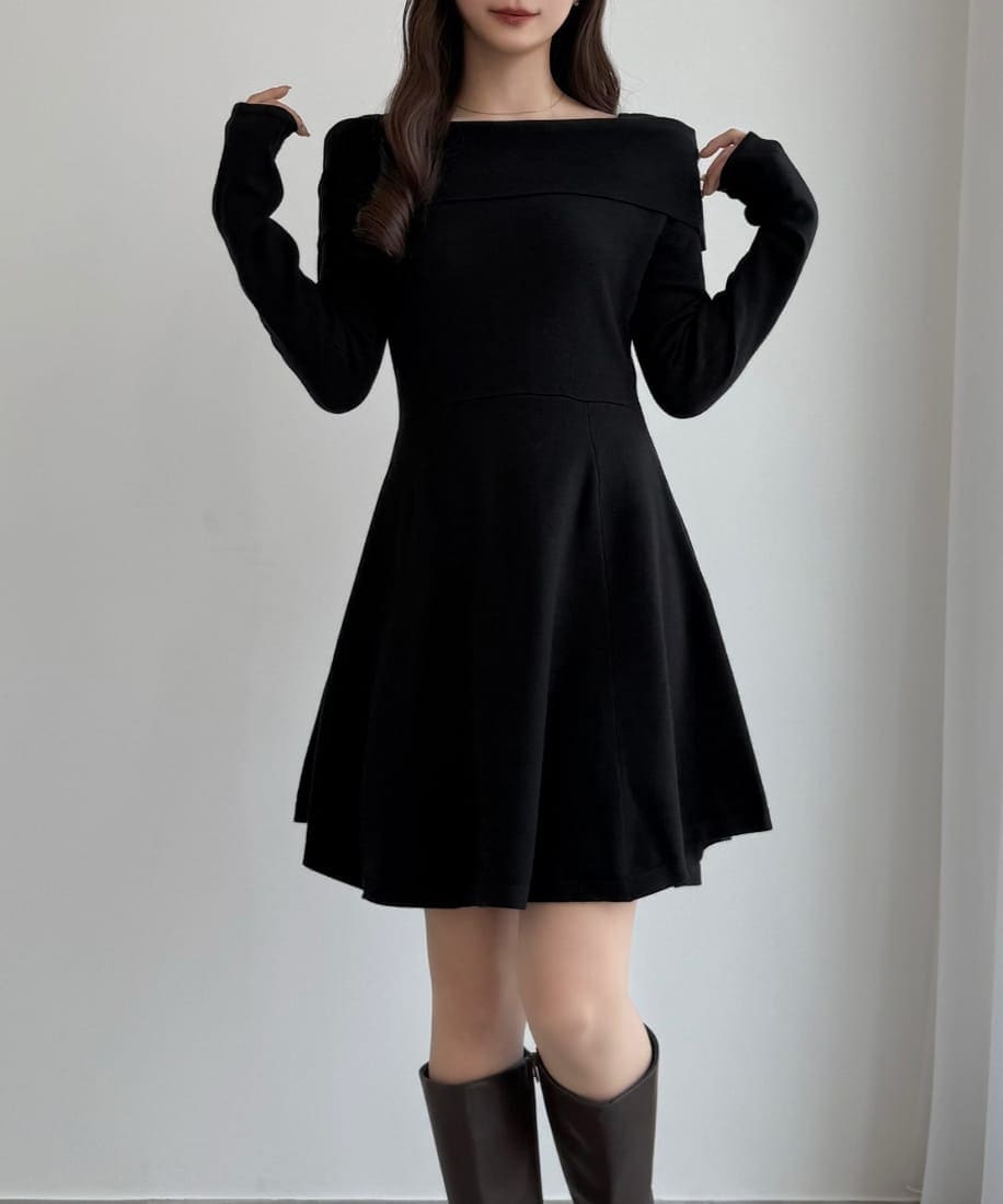 CENEA オフショル風スクエアネックミニニットワンピ Mサイズ チャコール CENEA オフショル風スクエアネックミニニットワンピ | セネア(CENEA