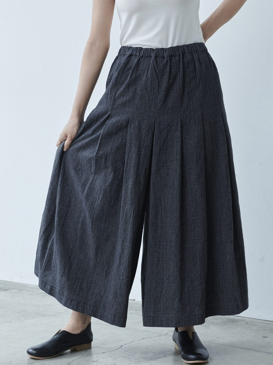 コットンリネングレンチェックガウチョパンツ【M～3L】 【大きいサイズ