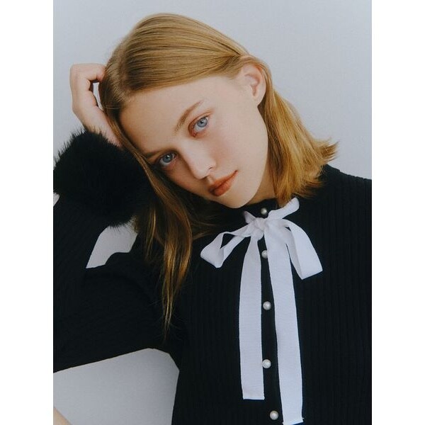 限定カラー】リボン付き袖口ファーカーディガン | ファーファー(FURFUR