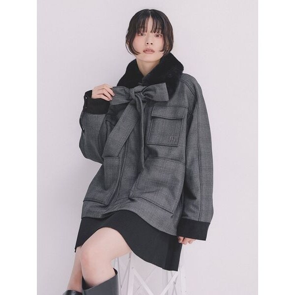 ど*ら様 【新品】FUR FUR パデットボウタイワークブルゾン CHECK フ