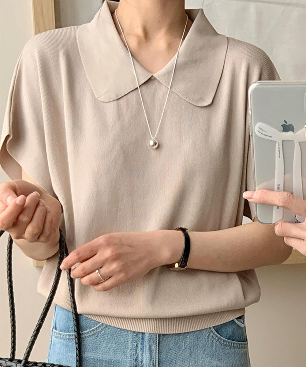 丸襟付き半袖ニットトップス