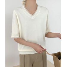 Vネック半袖ニットトップス
