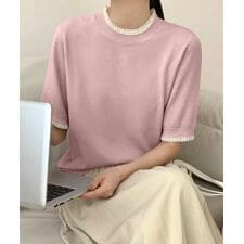 クルーネック半袖ニットトップス