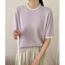 クルーネック半袖ニットトップス
