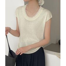 配色クルーネック半袖ニットトップス