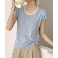 配色クルーネック半袖ニットトップス