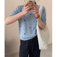ハート刺繍入り半袖ニットトップス