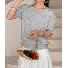 ワッペン付きクルーネック半袖ニットトップス