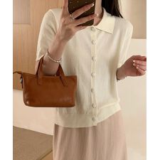 ポロ襟ボタン付き半袖ニットトップス