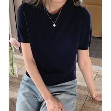 ファスナー付きポロ襟半袖ニットトップス