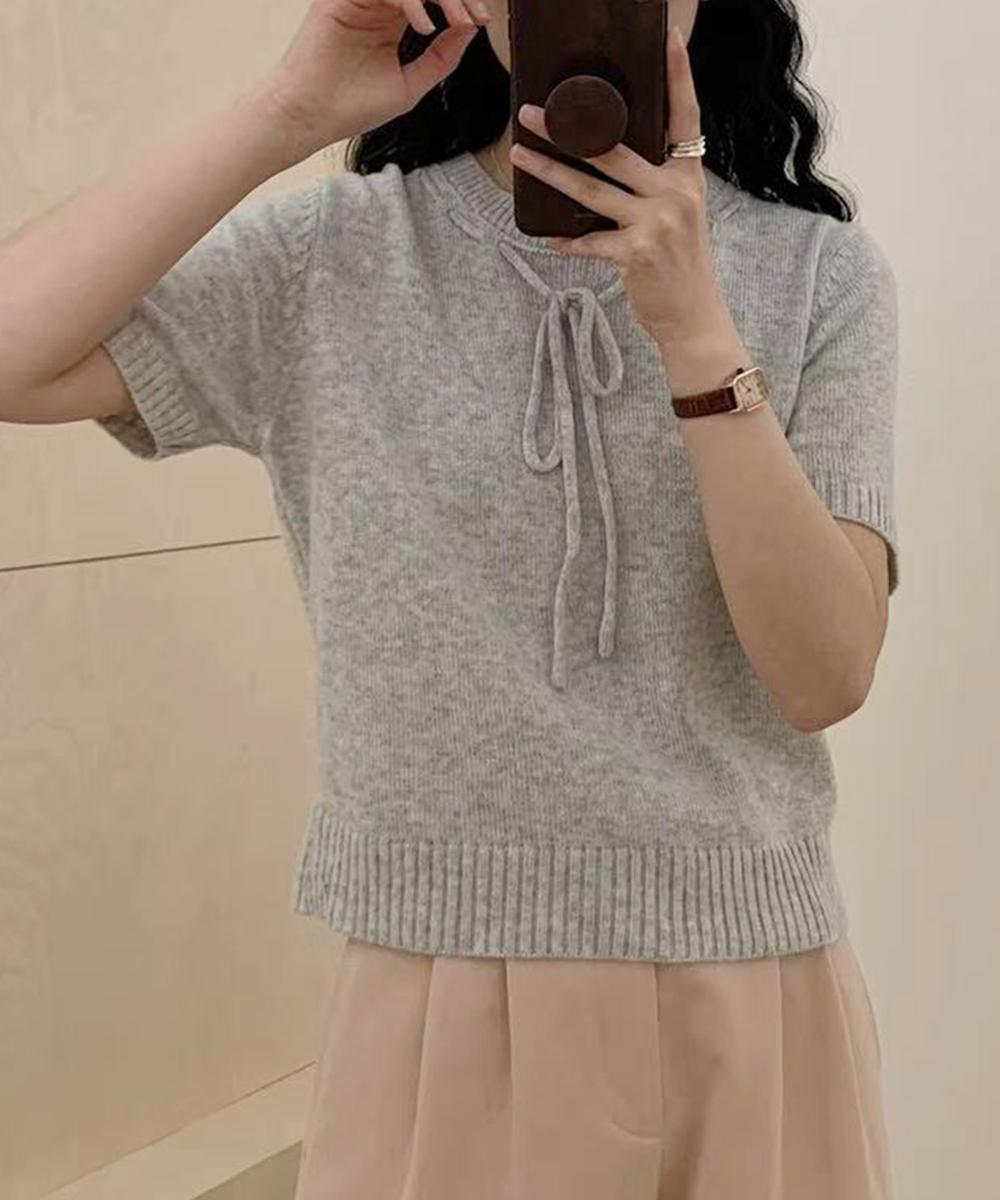 リボン付きクリーム色半袖ニット MAISON DE THERESE ニット セーター スクエアネック ギャザー紐