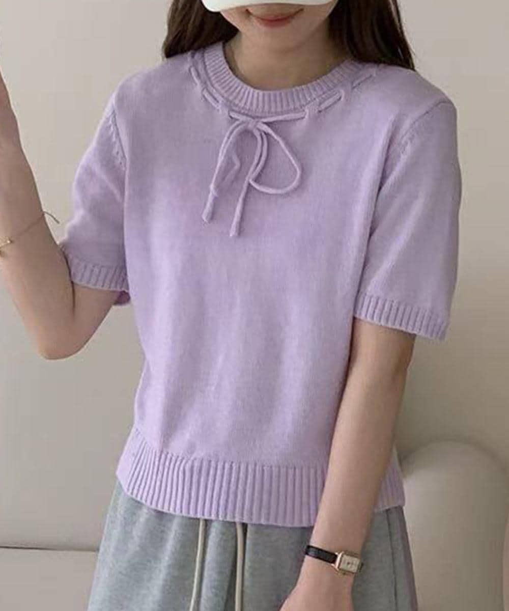 リボン付きフリル襟半袖ニットトップス