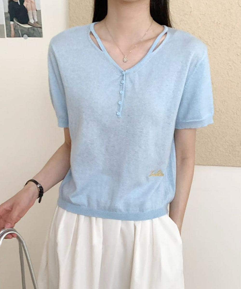 シンプルVネック半袖ニットTシャツ