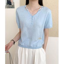 シンプルVネック半袖ニットTシャツ