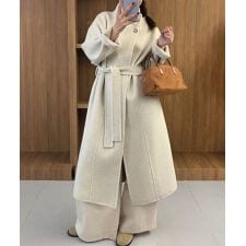 【BANICO】スタンドカラー ベルト付きウールロングコート