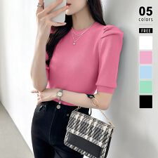 パワショル ニット サマーニット レディース セーター クルーネック パフスリーブ トップス 五分袖