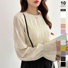 シャーリングブラウス シフォン ブラウス フリル ラウンドネック シアー トップス 長袖 レディース