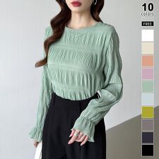 シャーリングブラウス シフォン ブラウス フリル ラウンドネック シアー トップス 長袖 レディース