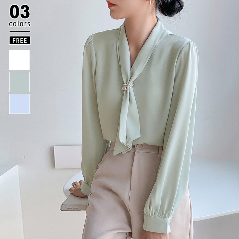 ボウタイブラウス 三連パール付き セレモニーブラウス パール ブラウス レディース 長袖 ボウタイ