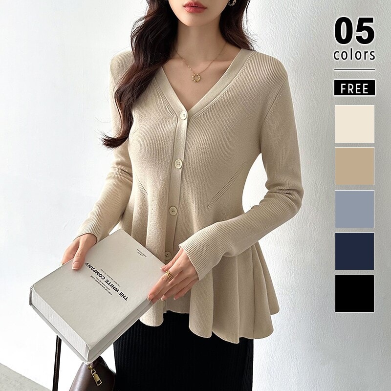 ペプラムニット リブニット ニットカーディガン ペプラム ニット vネックニット カーディガン