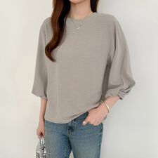ツイストスリーブ カットソー 七分袖 トップス パフスリーブ tシャツ レディース ラウンドネック