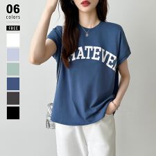 ロゴプリント コットン 天竺 ラウンドヘム フレンチスリーブ Tシャツ 半袖 体型カバー おしゃれ