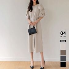 パフスリーブ きれいめ ワンピース フロントスリット ロング丈 レディース 二の腕カバー ワンピ