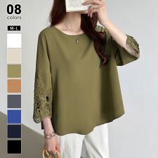 COCOMOMO(COCOMOMO)の袖レース ブラウス チュニック ゆったり 体型カバー 七分袖 レディース トップス 刺繍レース 楊柳